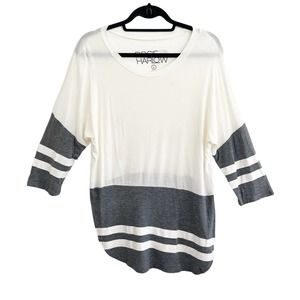 Rosie Harlow Tee Large Ivory Gray 3/4 Raglan Sleeve Rounded Hem Stretch T-Shirt